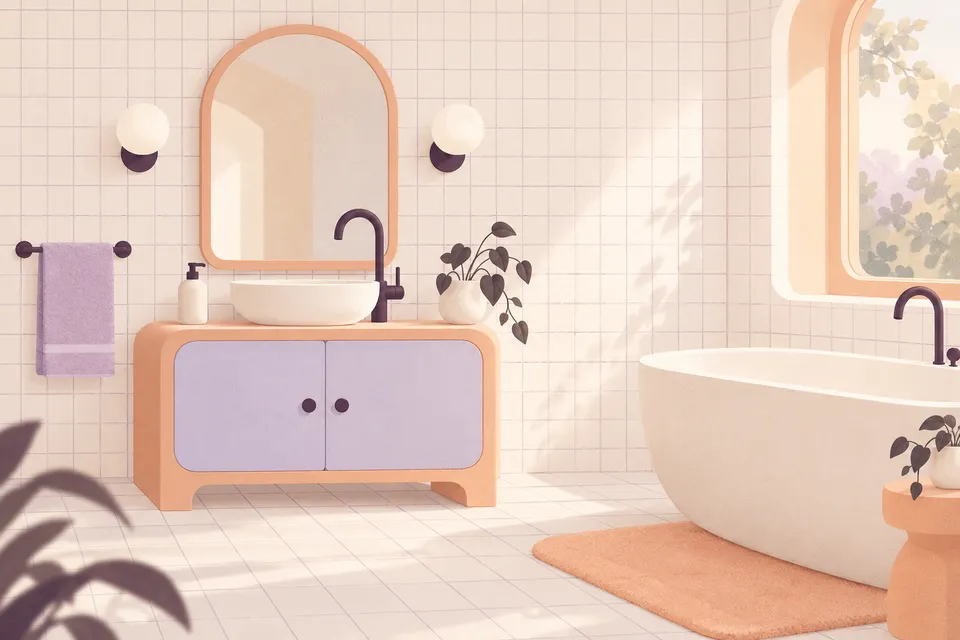 Generated illustration of an imagined tiled bathroom with an apricot vanity and lavender towel, not a customer home.