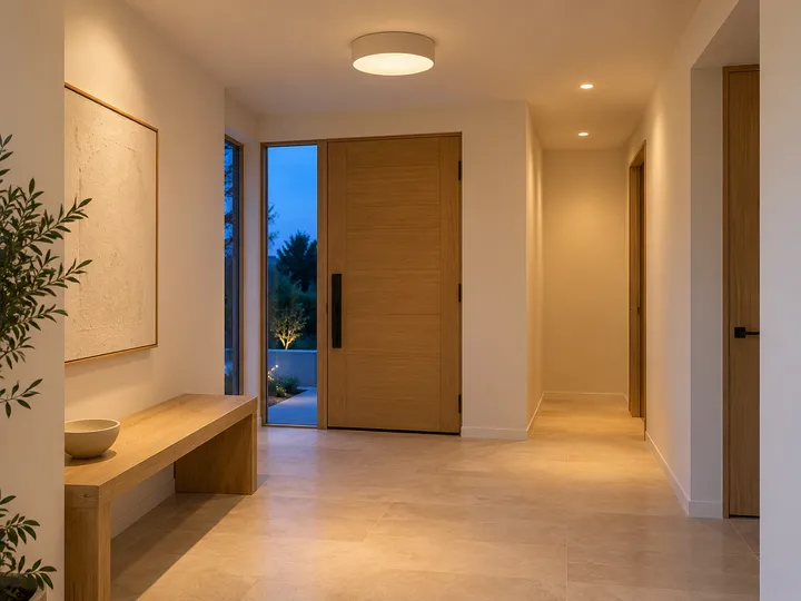 Generated concept of an invented home entry with a ceiling fixture, not a customer installation.