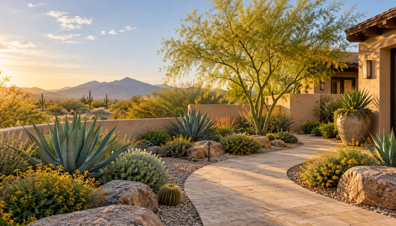 Generated concept of an invented desert courtyard with agaves, flowering shrubs and a curved stone path.