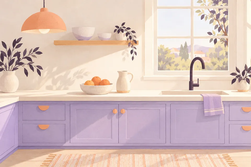 Generated illustration of an imagined tidy kitchen with lavender cabinets and an apricot pendant, not a customer home.