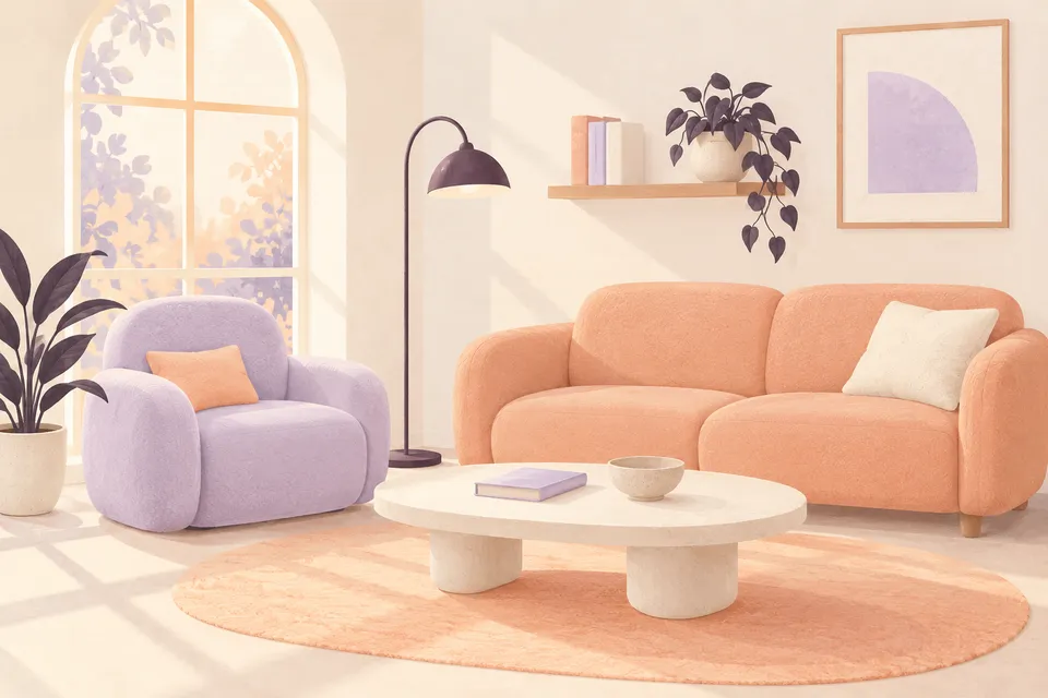 Generated illustration of an imagined living room with a lavender armchair and apricot sofa, not a customer home.