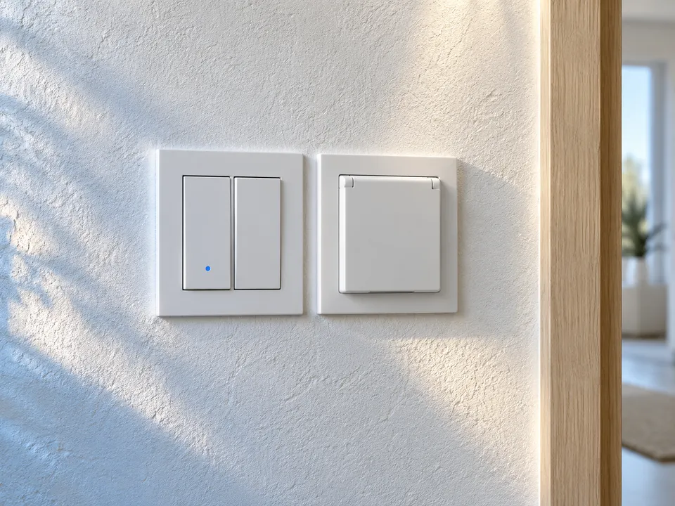 Generated concept of an invented modern wall switch and outlet arrangement, not a real customer job.