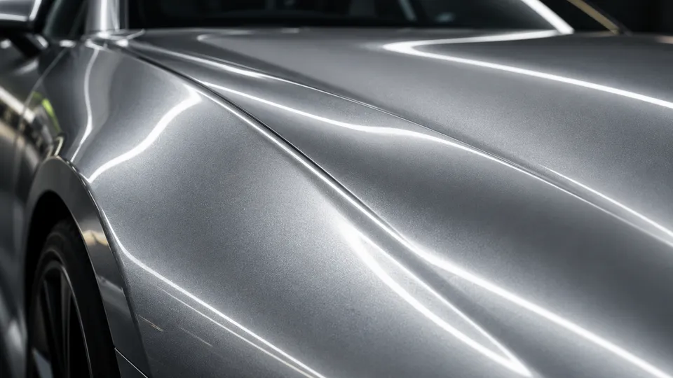 Generated concept closeup of silver vehicle paint with soft white light reflections.
