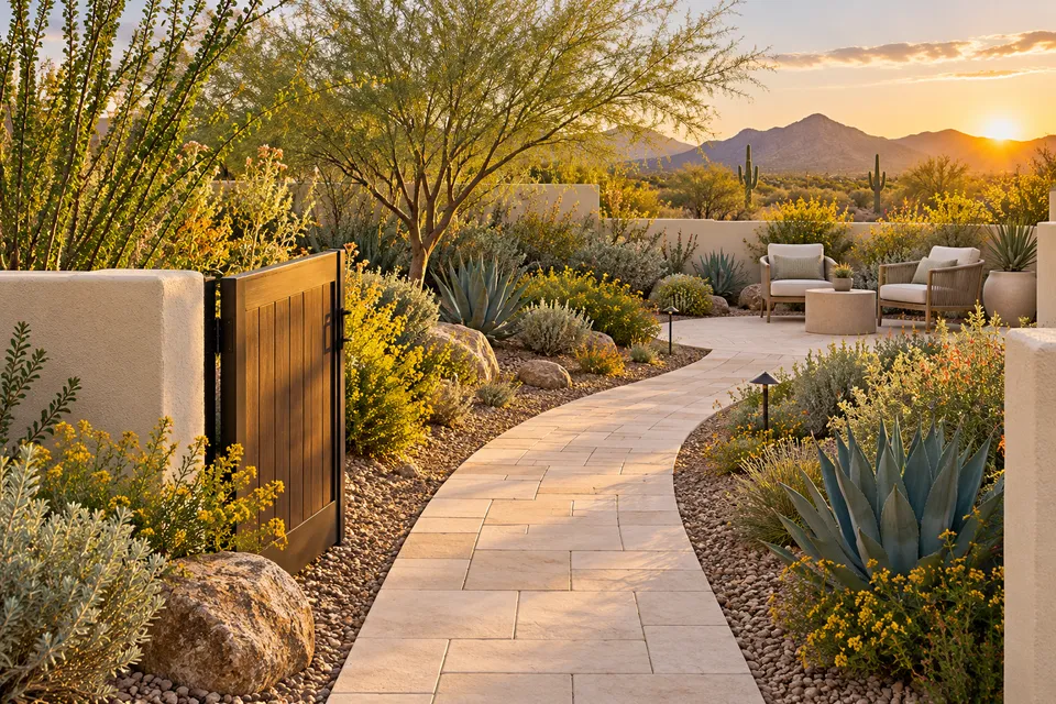 Generated concept of an invented paver path leading through desert plants to a small patio.