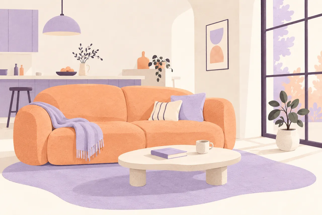 Generated illustration of one imagined open-plan room with an apricot sofa, lavender rug, kitchen ledge and plants, not a customer home.