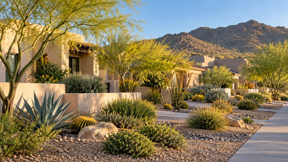 Generated concept of an invented Sonoran residential neighborhood with desert planting and pale stucco homes.