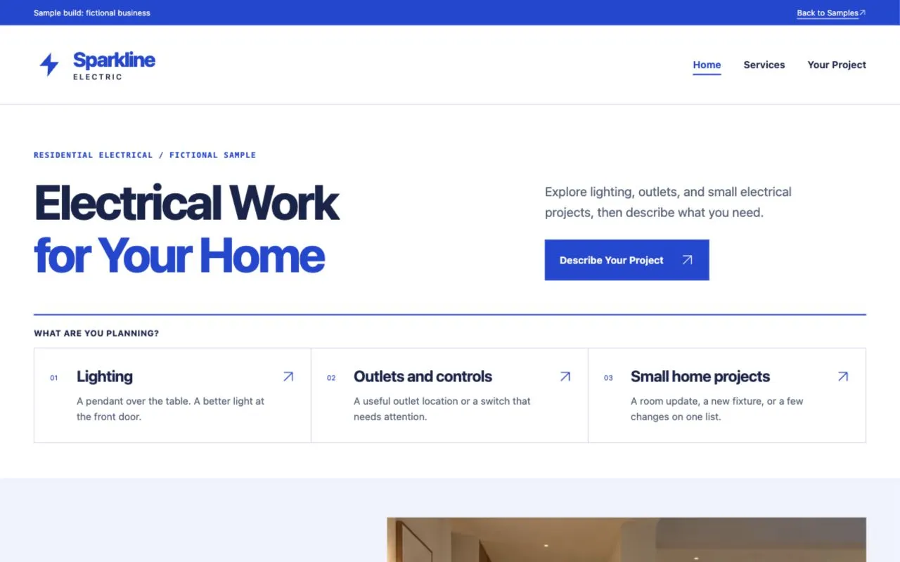 Screenshot of Sparkline Electric, a sample website for a fictional business