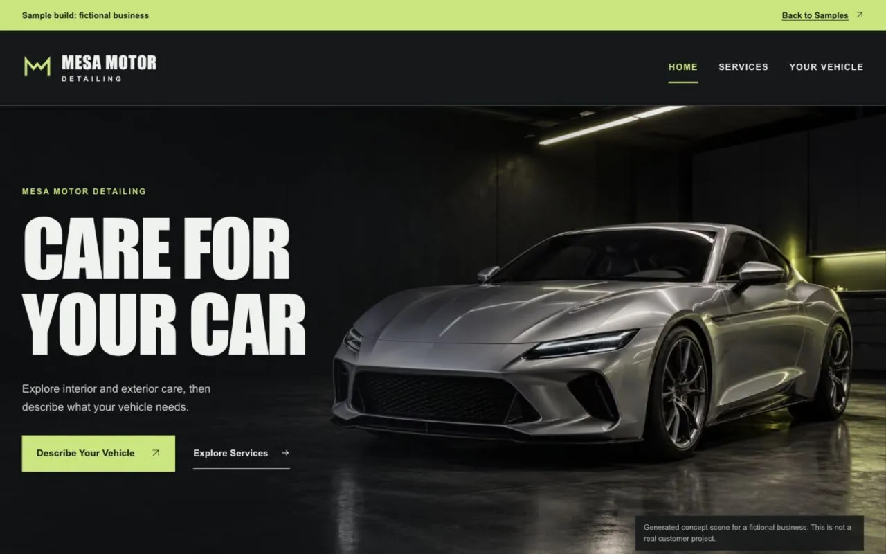 Screenshot of Mesa Motor Detailing, a sample website for a fictional business