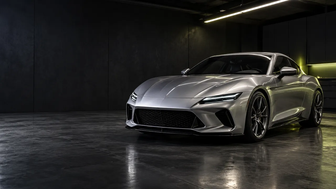 Generated concept of an unbranded silver coupe in a dark garage with soft lime reflections.