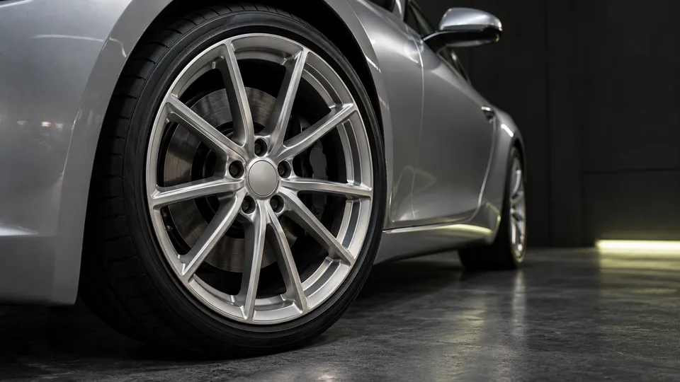 Generated concept closeup of an unbranded silver alloy wheel and black tire in a charcoal garage.