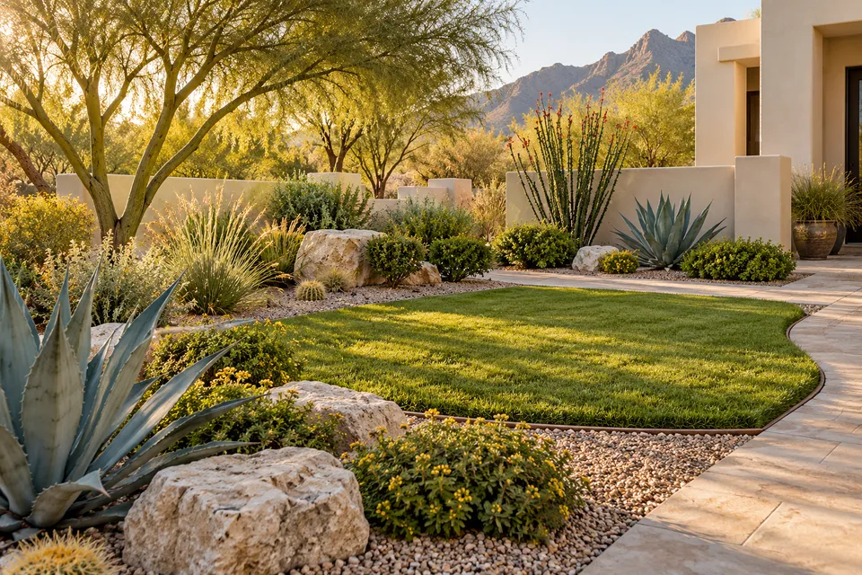 Generated concept of an invented tidy desert yard with a small lawn, edged gravel beds and agaves.